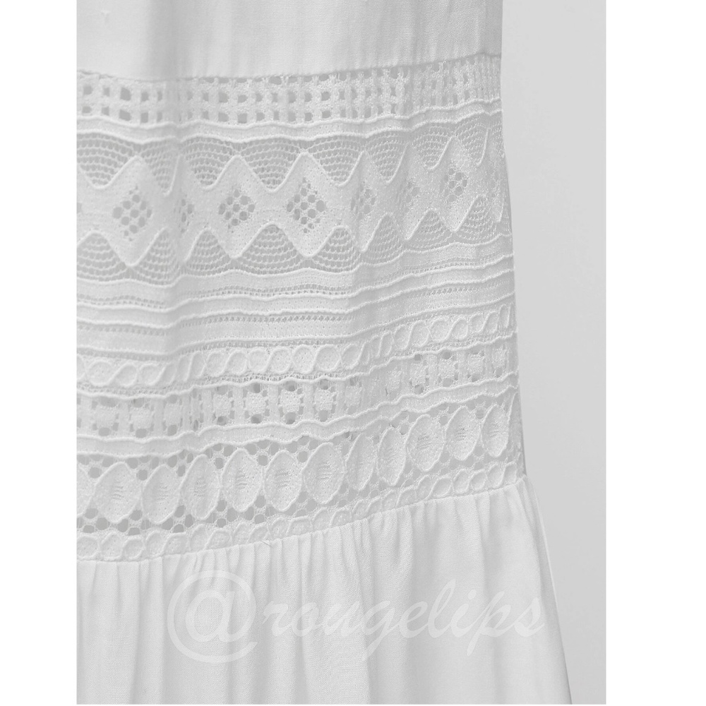 White Lace Detail Flared Wide Leg Bohemian Jumpsuit V-Neck Criss Cross - Picture 7 of 10